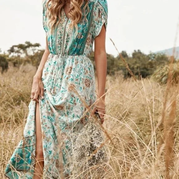 Boho Shabby Chic Floral Tie Front Split Thigh Dress - Picture 1 of 7